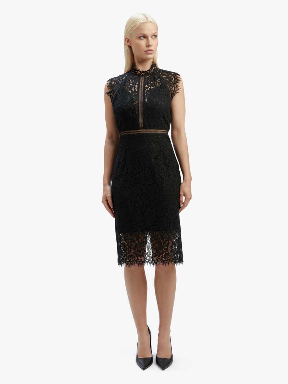 BARDOT Cut Out Lace High Neck Panel Cocktail Slit Dress In Black